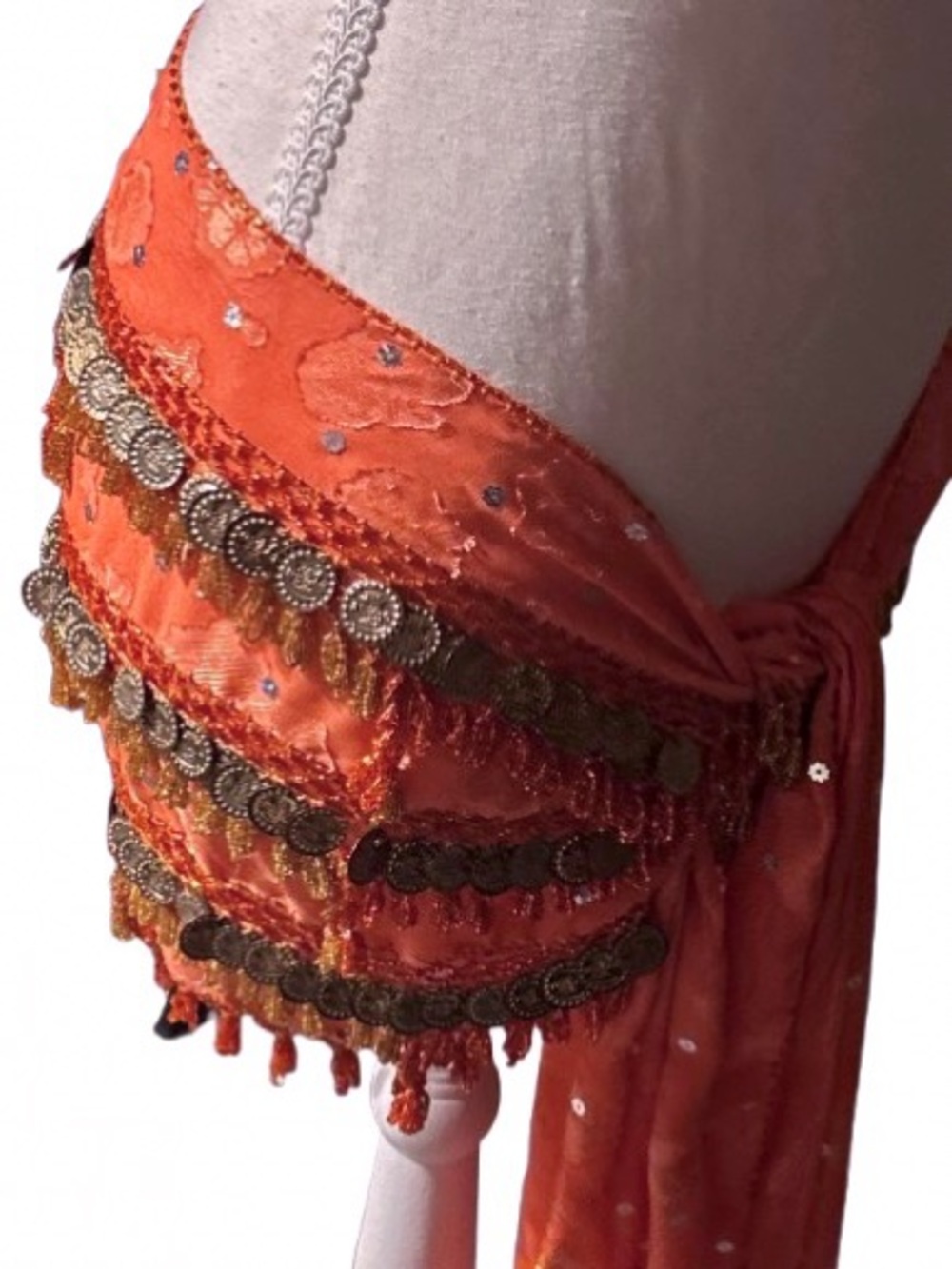 Vintage Belly Dancing Scarf Beaded Coins Floral Orange Red Fringe Shawl - Picture 5 of 12